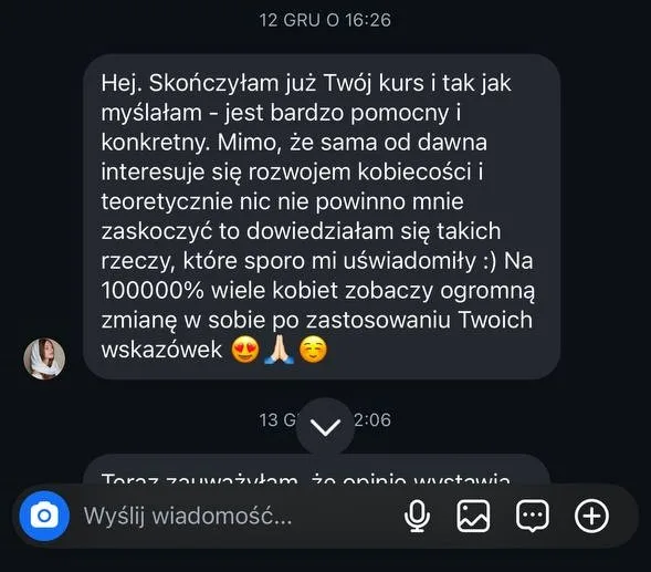 Wiadomość od Klaudii Borowej o kursie